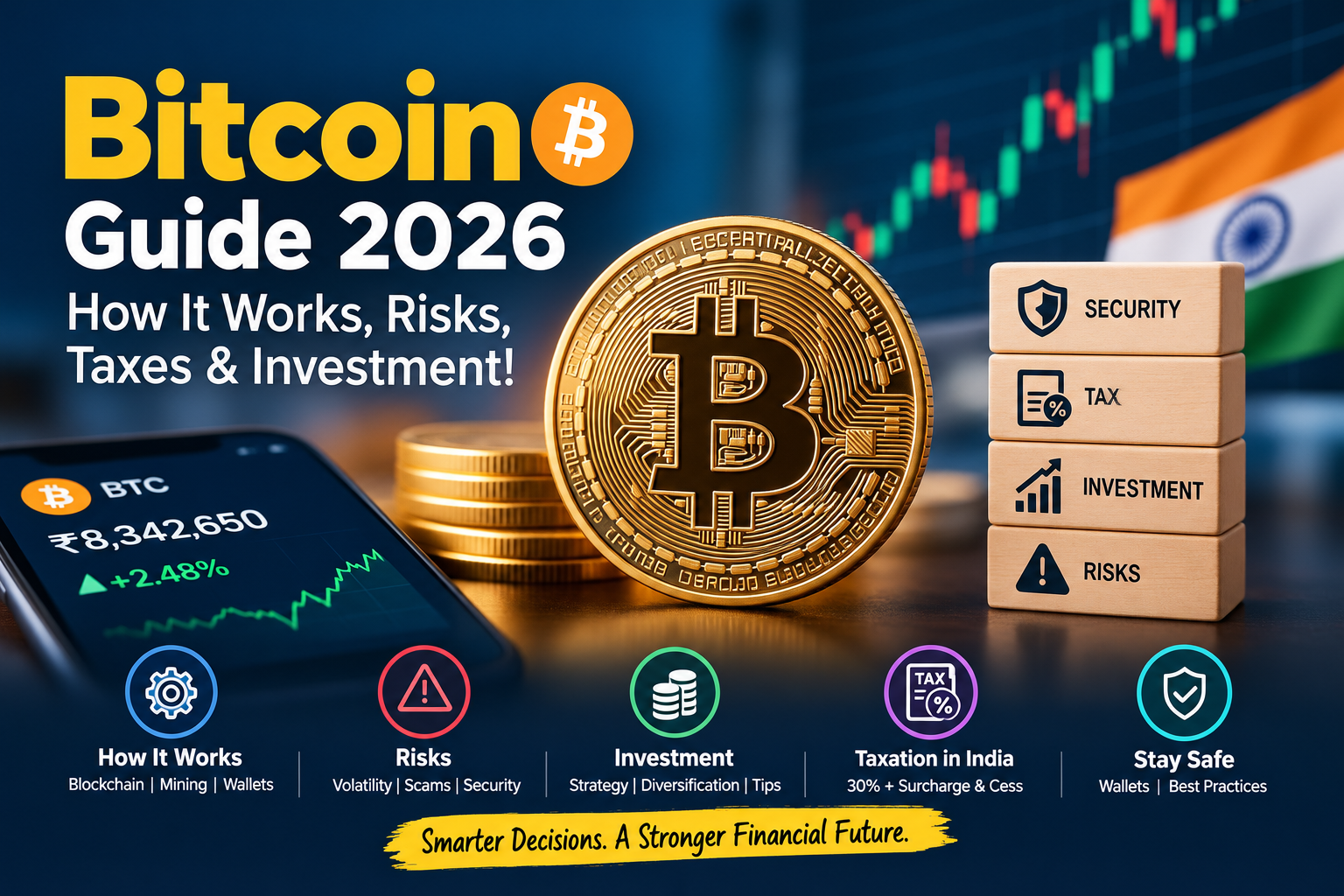 Bitcoin Guide 2026 showing Bitcoin cryptocurrency, blockchain, investment risks, taxation in India, security, and BTC market trends.
